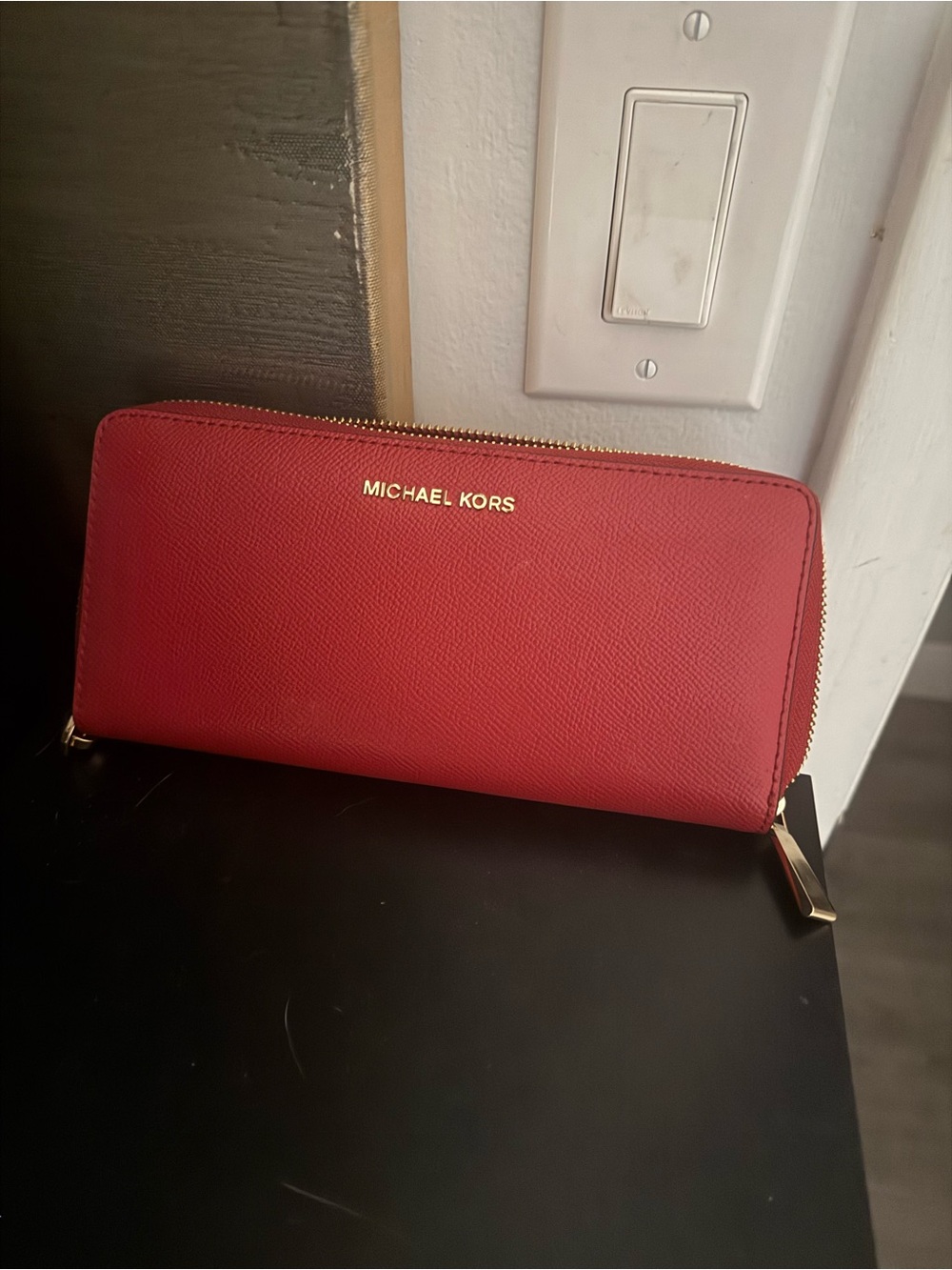 Michael Kors Red Saffiano Zip Wallet with Gold Hardware